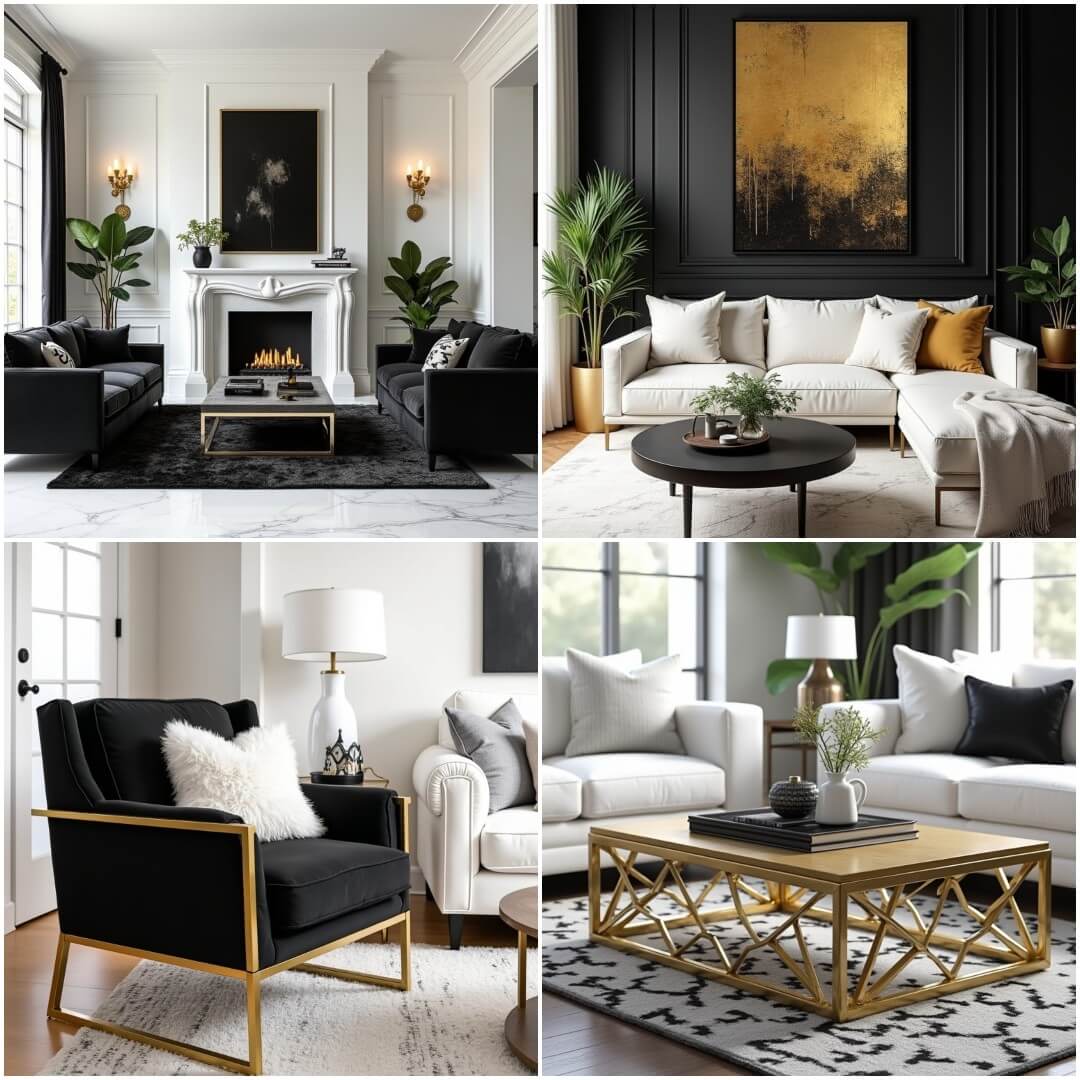 20 Elegant Black, White, and Gold Living Room Inspirations